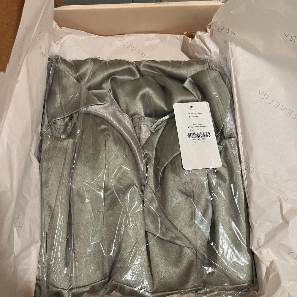 Brand New Revelry Bardot Silver Sage Satin Dress Size 8